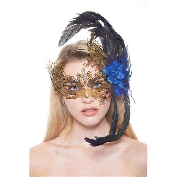 Perfectpretend Majestic Gold Swan Laser Cut Masquerade Mask with Feathers  Blue Flower Arrangement One Size PE366236